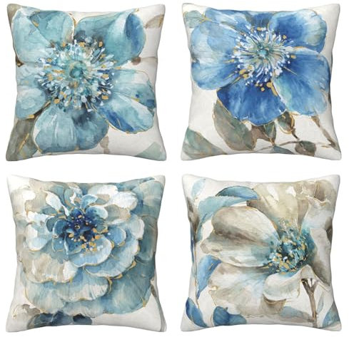 AMZQJD 4 Stück Kissenbezug Baumwolle Dekokissen Kissenbezüge Sofakissen Dekorativ Kissenhülle Bezug Weich für Wohnzimmer Schlafzimmer (Blaue blüten, 50 x 50 cm)