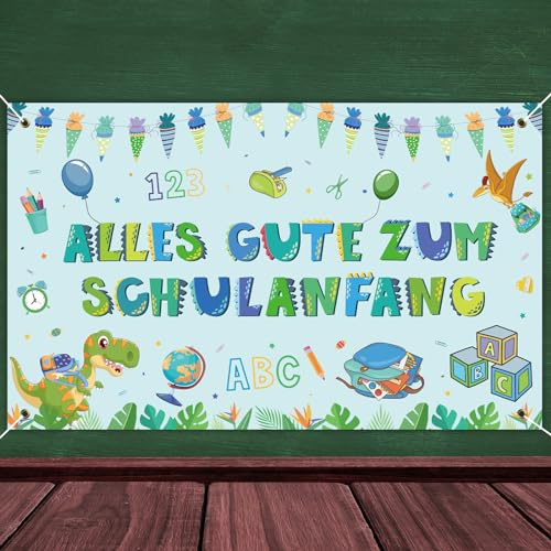 HAKOTOM Schulanfang Hintergrund 180x110cm Einschulung Banner Dinosaurier | Schuleinführung Partysbanner Dino ABC Banner Party Deko für Schulkind Jungen Mädchen Schultag Schulstart