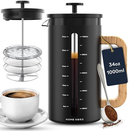 Home Hero French Press Coffee Maker, 34 oz Coffee Press with Bamboo Wood Handle, Heat Resistant Thick Borosilicate Glass French Presses, 4 Layer Filter, French Press Stainless Steel (Black)