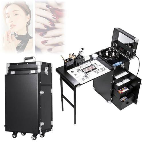 BDJSN Rolling Manicure Table, Professional Portable Cosmetic Storage Box with 6 Lights, 4 Drawer Trolley with Speakers, Aluminum Alloy Frame Nail Desk Workstation for Makeup Artist, Manicurist