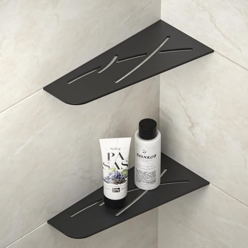 Bernkot Lot de 2 étagères de douche d'angle sans perçage SUS304 en acier inoxydable - Organiseur de salle de bain - Étagère d'angle - Support pour shampooing 305 mm - Noir