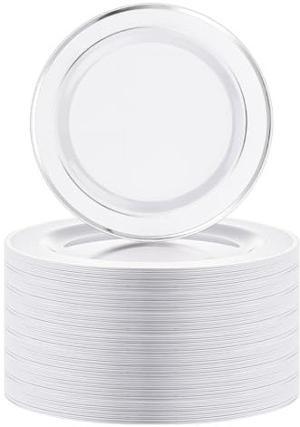 SENENQU Paquete de 40 platos de plástico reutilizables, platos de fiesta de plástico de 26 cm con borde plateado, platos de plástico irrompibles para desmalezar, fiesta de cumpleaños, catering