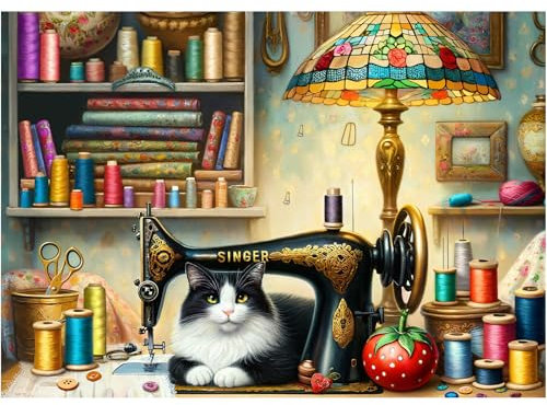 Rocorose 1000 Piece Puzzle for Adults, Sewing Room Cat Jigsaw Puzzle, Challenging Animal Puzzles Game for Family Puzzle Lovers