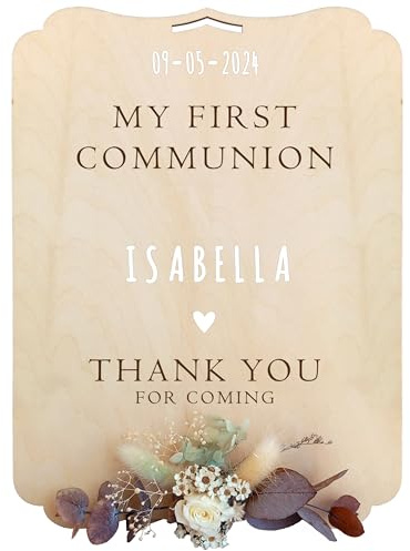 nagu® Comunión. Cartel Personalizado de Madera 30x22 cm para Comunión Poster Personalizado Con Letras Y Números Adhesivos, Pancarta Personalizada de Decoración Niña o Niño para Mesa o Colgar