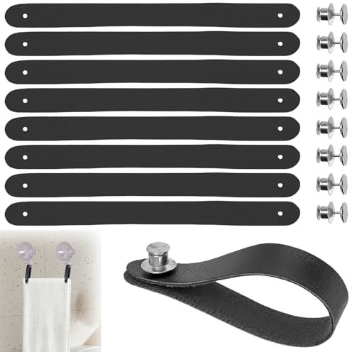 8 Pezzi Ganci per Tessuti Senza Cuciture Appendi Strofinacci Cucina 15 * 1.2cm Pelle PU con Chiusura a Bottone Ganci per Asciugamani per Asciugamani,Bagno,Stracci,Decorazione,Campeggio(Nero)