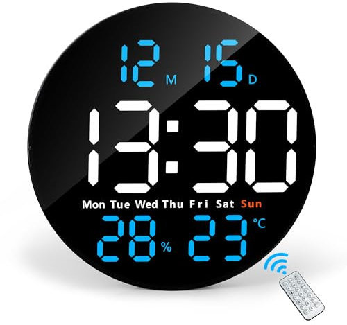 Lafocuse Reloj de Pared Digital con Grande Pantalla LED 25CM, Silencioso Relojes con Control Remoto, Temperatura, Fecha, 2 Alarmas, Cuenta Atrás, Brillo Ajustable para Salon Cocina Oficina, Azul