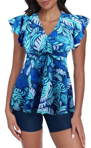 ECUPPER Womens Tankini Swim Dress with Sleeves Modest Two Piece Swimsuits Tummy Control Bathing Suit Floral Printed Swim Tops and Shorts
