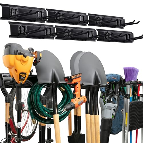 TIDYME Wandhalterung für Gartengeräte, 243,8 cm, stabiles Aufbewahrungsregal mit verstellbaren Haken, rostfrei, einfache Installation, 272 kg Kapazität, Garagen-Werkzeug-Organizer (06 Regale und 12
