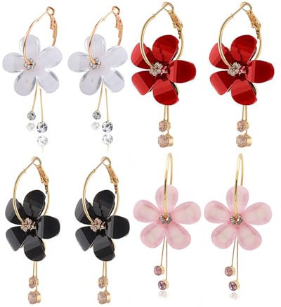 JUKOTA 4 paires Boucles D'oreilles Boho Acrylique Fleur Pendante Boucles D'oreilles Fleur Cristal Boucles D'oreilles Fleur Acrylique Boucles D'oreilles Cerceau Fleur Résine Boucles D'oreilles