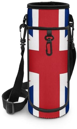 NETILGEN Water Bottle Bag Carrier, Union Jack Neoprene Sleeve Portable Insulator Cover with Phone Pocket and Adjustable Shoulder Straps for 18-20oz Bottles