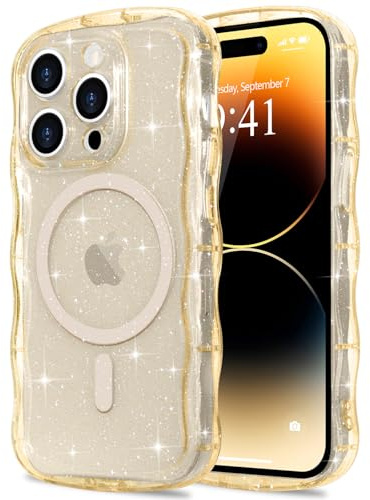 Pepmune Cover Magnetica per iPhone 14 Pro Max Custodia Compatibile con Magsafe Cornice Ondulata Forma Custodia Trasparente Brillare Glitterata Cover Protettiva Antiurto Case per iPhone 14 Pro Max Oro