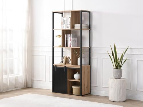 Vente-unique-Bibliothèque avec rangements et 1 Porte coulissante en MDF et Acier - Naturel et Noir - YALENA
