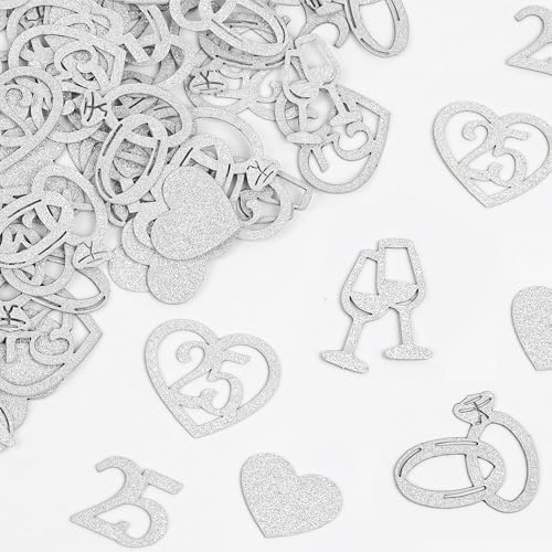 Silver 25th Wedding Anniversary Decorations - 150Pcs Happy 25 Years Commemorate Table Decoration Glitter Confetti, 5 Patterns for Men Women Wedding Anniversary Party Supplies