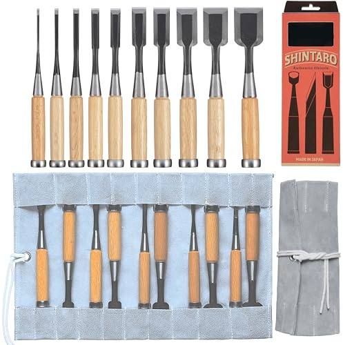 SHINTARO Authentic Japanese Chisel Set of 10 Pieces(3mm,6mm,9mm,12mm,15mm,21mm,24mm,30mm,36mm,42mm),with Leather Rollup Case (3,6,9,12,15,21,24,30,36,42mm)