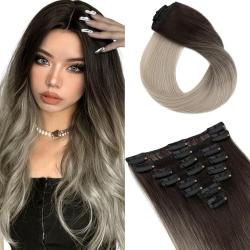 Elailite Hair Extensions Real Human Hair Clip in - Natural Remy Hair 8 Pcs Full Head Balayage Long (#1B-G4 Ombre Natural Black to Grey Ash Blonde, 22 Inch-75g)