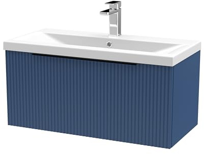 Balterley Vanity Unit with Basin Wall Hung, Single Drawer Soft Close with Mid Edge Sink and Handle, Bathroom Vanity Units with Basin, Fluted Front Sink Cabinet - 810 x 390 x 399mm (Blue)