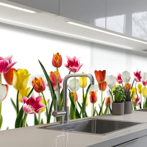 KitchenYeah© Rückwand Küche Rückwandschutz Selbstklebend Spritzschutz | 80x250 cm - Küchenrückwand Küchenfront Küchen Selbstklebende Küchenrückwände Blumen - Tulpen - Bunt