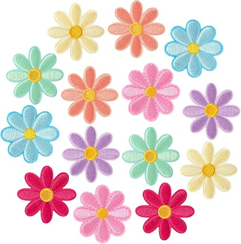 Gänseblümchen Aufnäher 14 Stück in 7 Farben Bunte Blumenpatches zum Aufbügeln (Bügelflicken) mit Schmelzkleber-Rückseite zum Ausbessern von Kleidung oder für Dekorationen