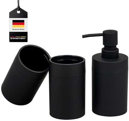 bremermann Badezimmer-Set Savona mit Soft-Touch Oberfläche, rundes Bad-Accessoires Set 3tlg. bestehend aus 1x Seifenspender und 2X Becher, ideal für Badezimmer und Küche aus Kunststoff (Schwarz)