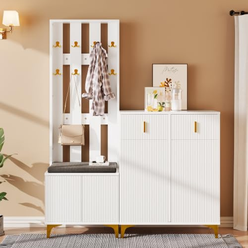 kozamas Ensemble vestiaire avec banc à chaussures et coussin, blanc avec accents dorés, porte-manteau avec crochets et armoire à chaussures avec tiroirs, design ondulé et ouverture par pression