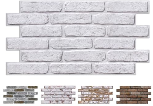 COMSTICKC 3D White Brick Wall Panel Self Adhesive Wall Stickers, 12 Sheets | 22.8 x 11.8, White with Gray Spots,Lightweight Thin PVC 3D Peel and Stick Fake Brick Decorative Tiles for DIY Wall Decor