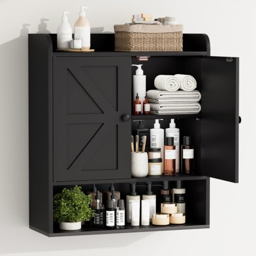 AMLANCHER Hängeschrank, Badezimmerschrank mit 2 Türen & Verstellbare Ablagen, Offenen Regalen, Wandschrank Hängend für Küche, Badezimmer, 21 x 55 x 66 cm, Schwarz