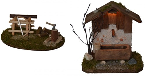Brunnenhaus mit Beleuchtung und Holzhack-Set für Krippe Weihnachtskrippe Krippenstall Krippenzubehör