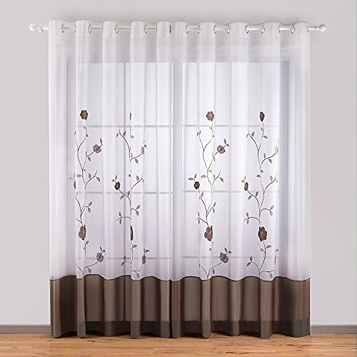 SIMPVALE Vorhänge mit Ösen, Blumenmuster Braun, 140x245 cm (B x H), 1 Stück | Transparent Polyester Voile Vorhang, Stores Gardine Schals für Schlafzimmer, Wohnzimmer, Esszimmer, Heimbüro