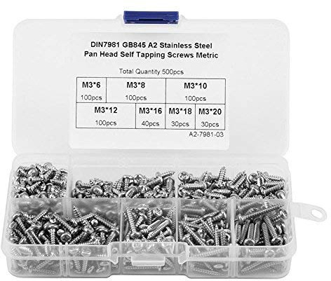 Akozon 500PCS M3 selbstschneidende Schraube, Kreuz Antriebsknopf Pan Kopf Rundkopfschrauben Verschluss Sortiment mit Kunststoff-Box(Silver)