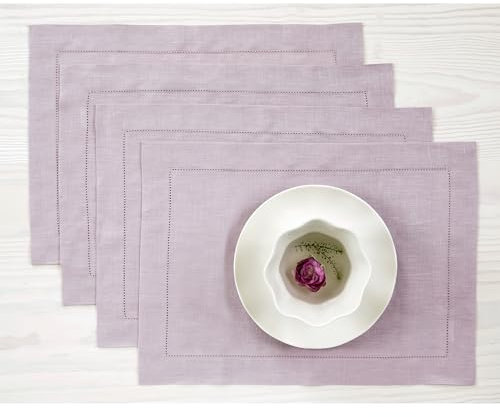 Solino Home Linen Placemats Set of 4 - Classic Hemstitch Lilac Placemats 14 x 19 Inch - 100% Pure Linen Table Mats