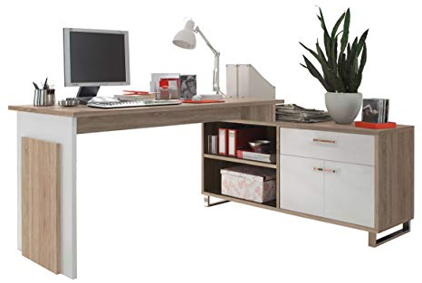 AVANTI TRENDSTORE - Malmo - Scrivania ad angolo in legno laminato con comó integrato, colore quercia Sonoma/bianco. Dimensioni LAP scrivania 140x76x65 cm, comó 130x62x40 cm