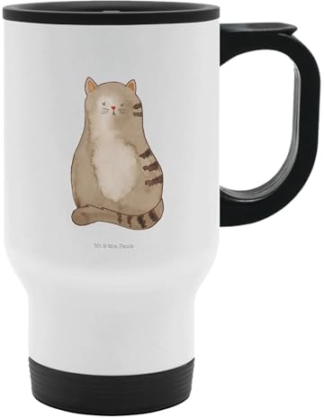 Mr. & Mrs. Panda Thermobecher Katze Sitzen - Geschenk, To Go Becher, Mittelpunkt, Katzenmotiv, Miau, Thermobecher für 400 ml, Lebensinhalt,