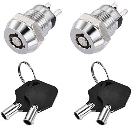 sourcing map 12mm 2 Posiciones Llave Bloqueo Empuje Botón Interruptor con 2 Llaves NO-OFF Tono Plata 2uds