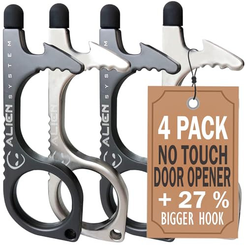 No Touch door opener tool - A must as a keychain accessories bottle opener - Works as stylus pens for touchscreens - Multitool for Travellers - No touch keychain tool - 4 Pack by Alien System