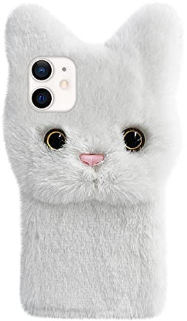 Mikikit Fluffy Cat Phone Case Compatible for Iphone 12/12 Pro, Cute Plush Cover with Ears and Nose, Shockproof Tpu Shell, White, Ideal for Girls and Kids