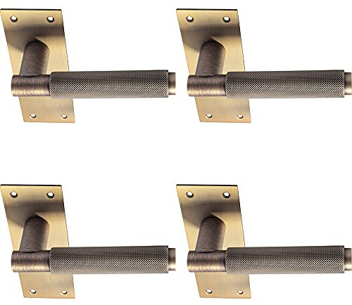 4 PACK | Knurled Round Handle on Slim Latch Backplate - 150 x 50mm - Antique Brass | Designer Lever on Backplate Door Handle - Internal Door Hardware - Lock, Euro, Oval and Latch Options Available