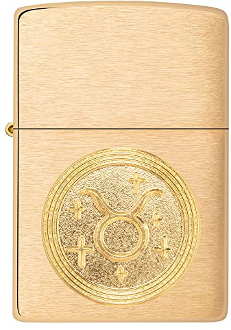 Zippo Sturmfeuerzeug - Modell Taurus Emblem Sternzeichen - Brushed Brass Finish - Nachfüllbar - Wiederverwendbar - Windfestes Design - Geschenkbox - Made in USA