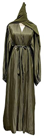 RLLJS Muslimisches Kleid für Frauen Abaya Dubai Glänzend Weich mit Puffärmeln Seidig Dubai Türkei Islam Abayas mit Gürtel