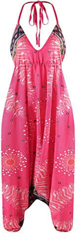Nuofengkudu Damen Blumen Boho Jumpsuit V Ausschnitt Rückenfrei Overall Leichte Sommerkleid Outfits Strandkleid Sommermode Einheitsgröße S-Rose