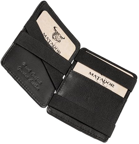 MATADOR Magic Slim Wallet Herren Leder Kreditkartenetui mit Münzfach | Karten Geldbeutel Geldtasche Portemonnaie Herren RFID Schutz & Geschenk-Box | Mini Wallet Kartengeldbeutel Männer Nappa Schwarz