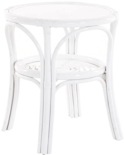 Korb-Outlet Rattantisch klein Ø 56 cm mit Holzplatte Beistelltisch rund Wohnzimmertisch (Weiss)