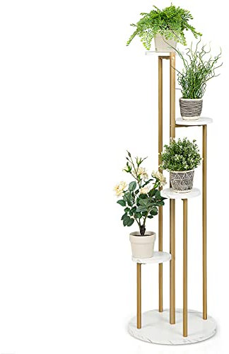 COSTWAY Support pour Plantes d'Intérieur à 4 Niveaux, Etagère d'Angle de 125 CM de Haut pour Plantes en Pot, Étagère à Fleurs avec Structure en Métal Doré, pour Jardinière Bureau Balcon (Blanc)