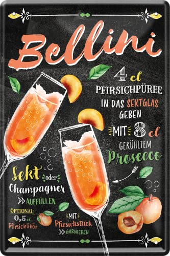 WOGEKA ART Retro Blechschild - Bellini - Prosecco Cocktail Rezept als Geschenk-Idee zum Geburtstag Weihnachten zur Dekoration für Haus-Bar Pub Kneipe 20x30 cm Vintage-Design Metall 124