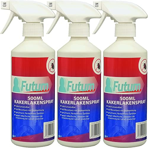 Futum Kakerlaken Spray 3x500ml Schaben bekämpfen auf Wasserbasis Ohne Treibgase wirkt gegen Eier Innen & Außen