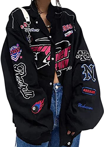 ticticlily Damen Bomberjacke College Oversized Patchwork Bedruckte Jacke Vintage Racing Pailletten Reißverschluss Langarm Sweat Jacket Baseball Jacke Outwear mit Taschen Übergangsjacke A1 Schwarz XL
