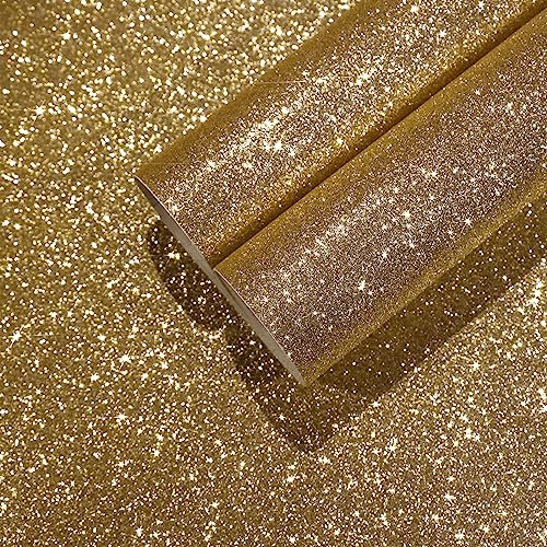 CHIHUT Champagne Gold Glitter Contact Paper Peel and Stick Wallpaper Sparkle Glitter Removable Self Adhesive Wallpaper Textured Fabric Wall Paper Roll for Bedroom Walls Cabinets Dresser 15.7''x100''