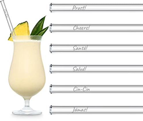 HALM Glasstrohhalme Set Prost Edition International in 6 verschiedenen Sprachen Cheers Santé Salud Cin-Cin Spülmaschinenfest Wiederverwendbar