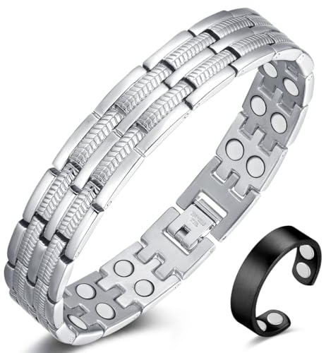 Vicmag Magnetarmband Herren Titanstahl-Magnetarmband Doppelreihige Ultra-Stärke-Magnete mit Einstellwerkzeug und Geschenkbox (Weizen Silber)