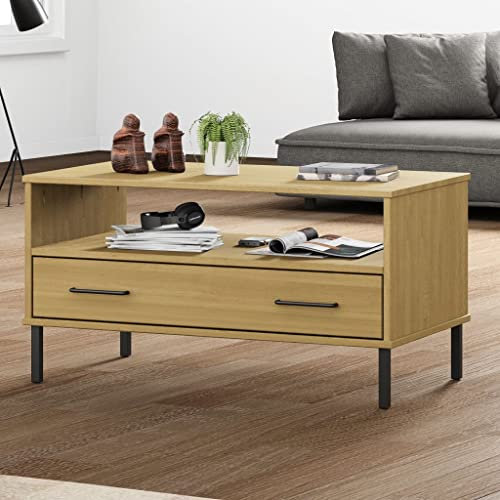 INLIFE Couchtisch Oslo mit Metallbeinen Braun 85x50x45 cm Massivholz,17.4kg,351033