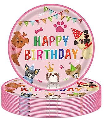 16pc Paw Print Puppy Paper Plates - 9 Pink, Girl Dog Party Tableware for Puppy Dogs Theme Birthday Party Decorations